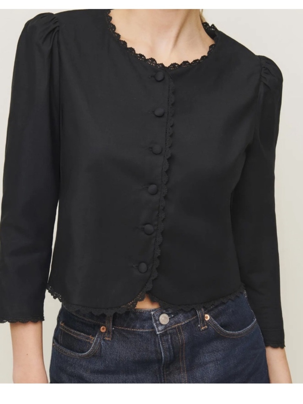 Reformation Black Lace-Trim Button Front Blouse